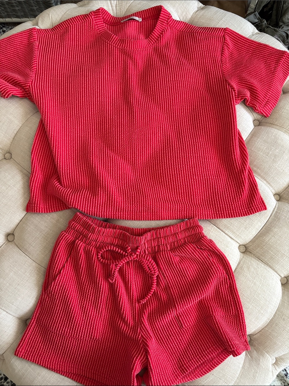 Zenana Outfitters Ribbed Two-Piece Short Set - Red